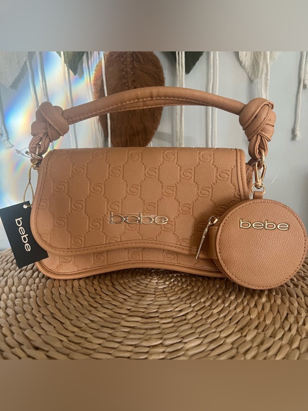 bebe Tan Textured Shoulder Bag with Coin Pouch